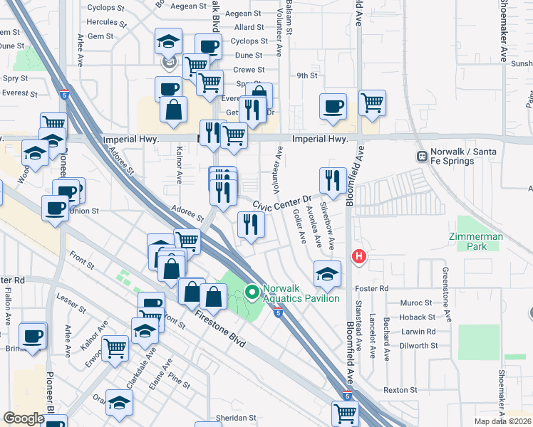 map of restaurants, bars, coffee shops, grocery stores, and more near 12812 Sycamore Village Drive in Norwalk