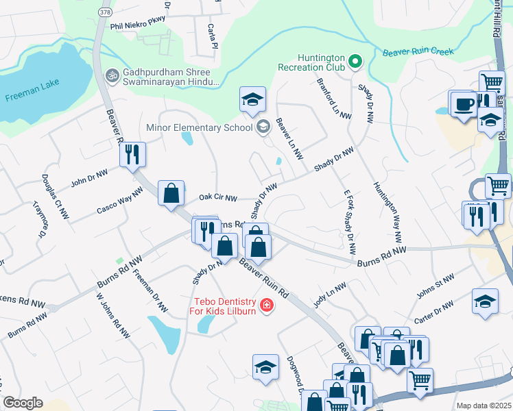 map of restaurants, bars, coffee shops, grocery stores, and more near 4129 Shady Drive Northwest in Lilburn