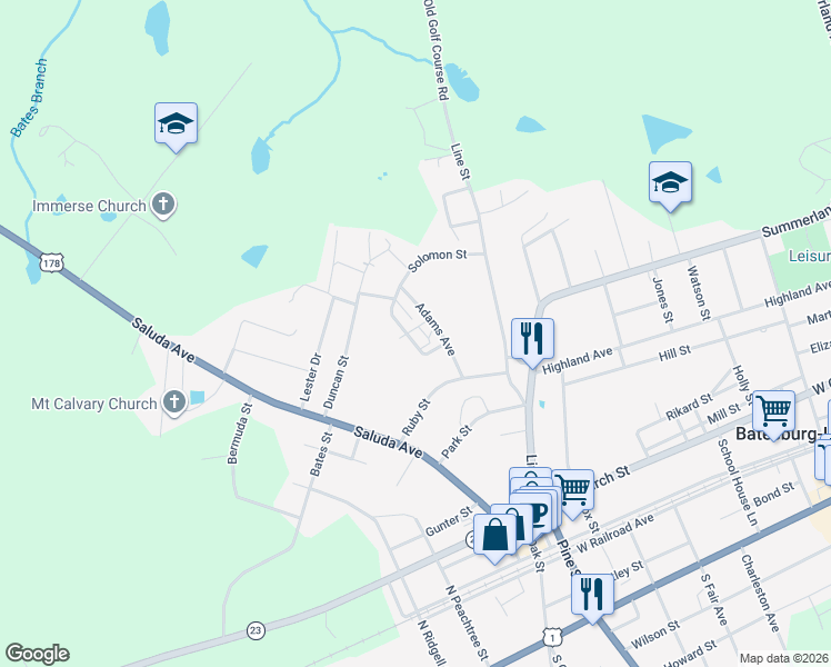 map of restaurants, bars, coffee shops, grocery stores, and more near 323 Adams Avenue in Batesburg-Leesville