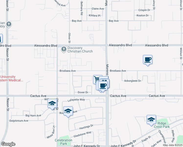 map of restaurants, bars, coffee shops, grocery stores, and more near 27843 Brodiaea Avenue in Moreno Valley