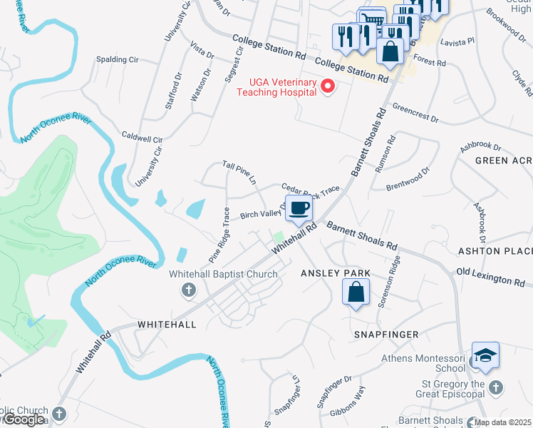 map of restaurants, bars, coffee shops, grocery stores, and more near 125 Tall Pine Lane in Athens