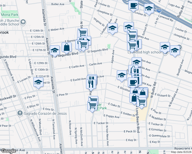 map of restaurants, bars, coffee shops, grocery stores, and more near 3157 Euclid Avenue in Lynwood
