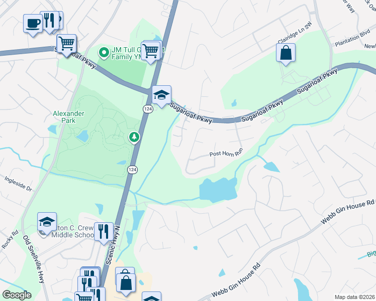 map of restaurants, bars, coffee shops, grocery stores, and more near 1290 Bridle Path Dr in Lawrenceville