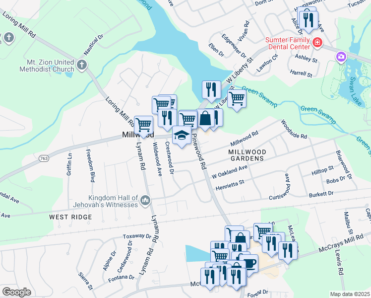 map of restaurants, bars, coffee shops, grocery stores, and more near 24 Pinewood Road in Sumter