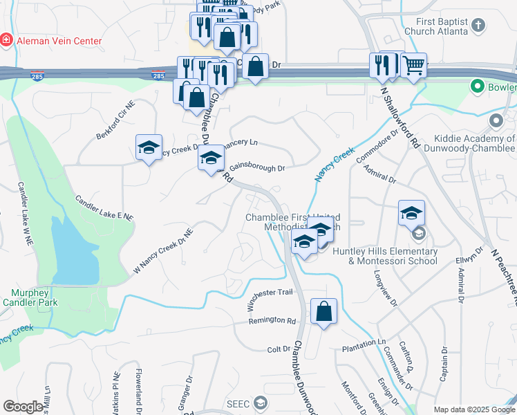 map of restaurants, bars, coffee shops, grocery stores, and more near 4146 Chamblee Dunwoody Road in Atlanta