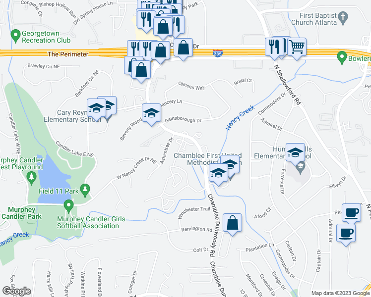 map of restaurants, bars, coffee shops, grocery stores, and more near 4146 Chamblee Dunwoody Road in Atlanta