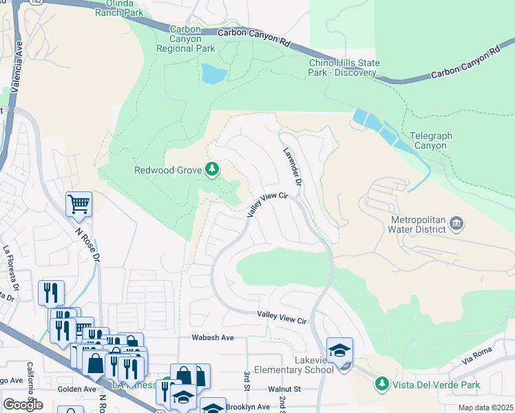 map of restaurants, bars, coffee shops, grocery stores, and more near 3424 Caraway Lane in Yorba Linda