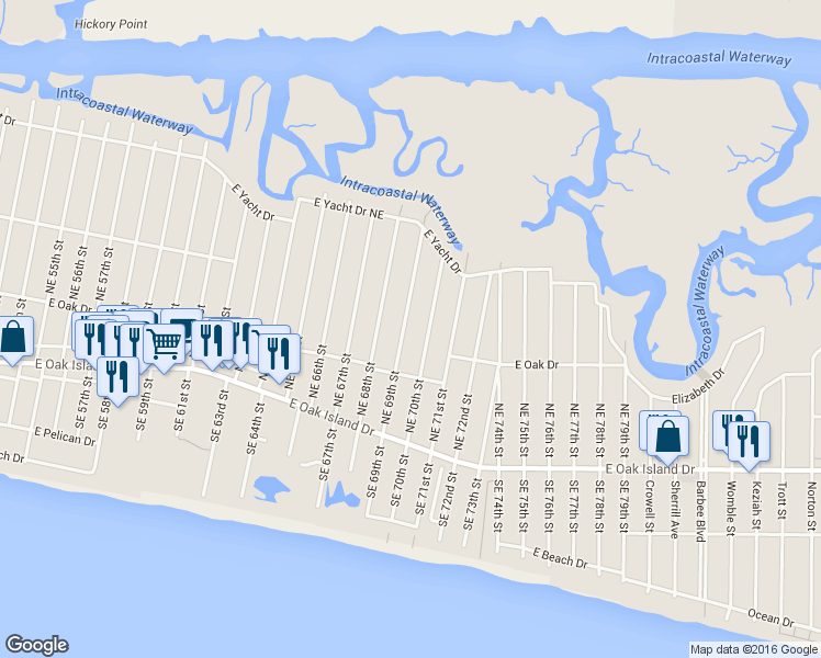 map of restaurants, bars, coffee shops, grocery stores, and more near 220 Northeast 69th Street in Oak Island
