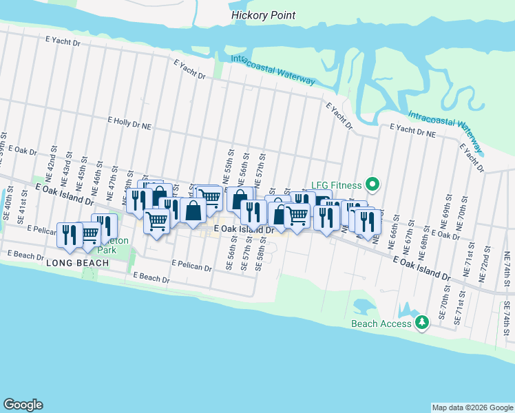 map of restaurants, bars, coffee shops, grocery stores, and more near 108 Northeast 57th Street in Oak Island