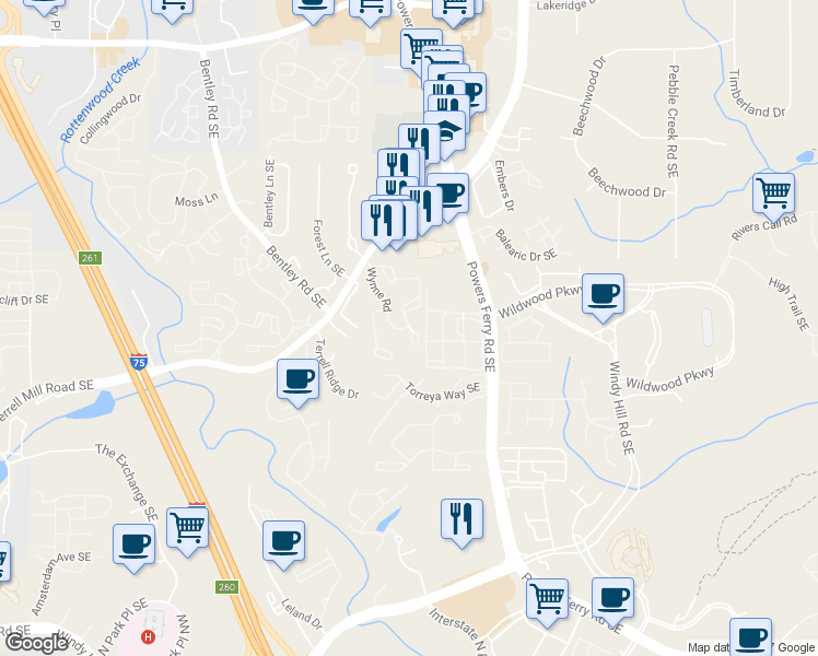 map of restaurants, bars, coffee shops, grocery stores, and more near 1303 Wynnes Ridge Circle in Marietta