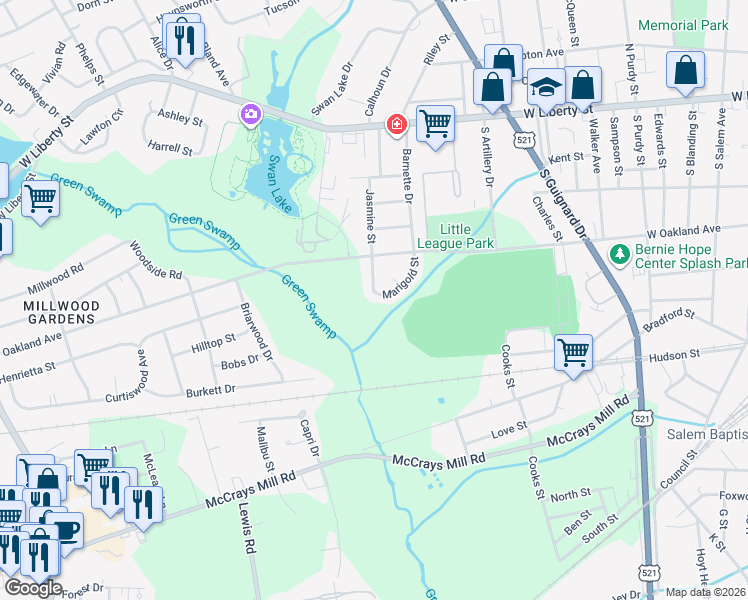 map of restaurants, bars, coffee shops, grocery stores, and more near 830 Marigold Street in Sumter