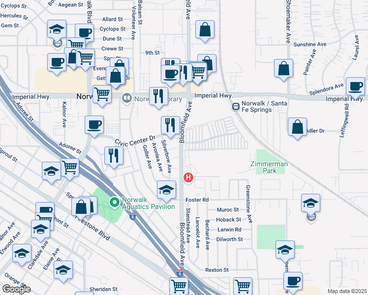 map of restaurants, bars, coffee shops, grocery stores, and more near 12916 Bloomfield Avenue in Norwalk