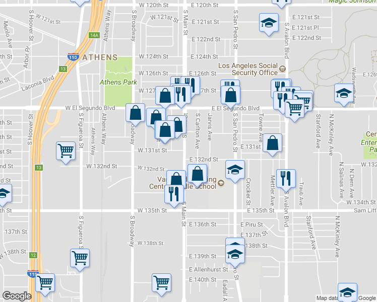 map of restaurants, bars, coffee shops, grocery stores, and more near 13110 Main Street in Los Angeles