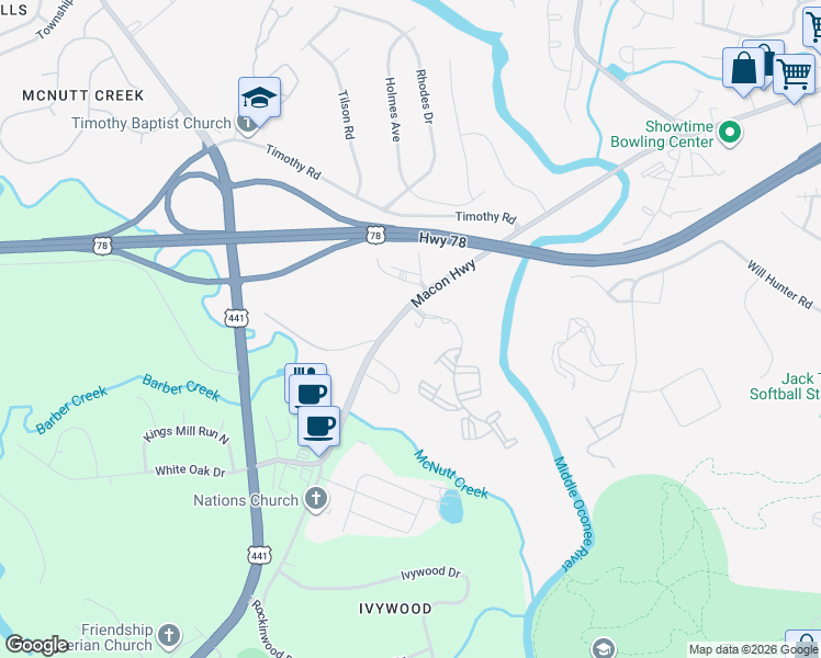 map of restaurants, bars, coffee shops, grocery stores, and more near 1015 Macon Highway in Athens