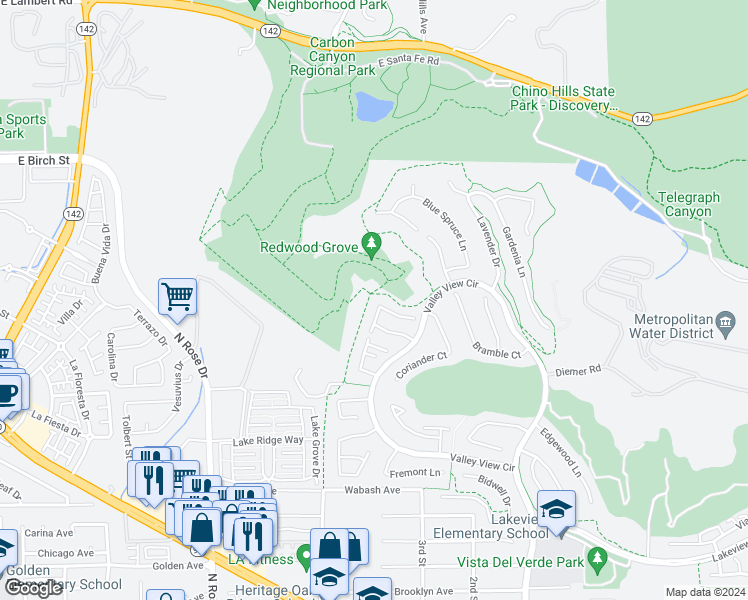 map of restaurants, bars, coffee shops, grocery stores, and more near 17091 Black Walnut Court in Yorba Linda