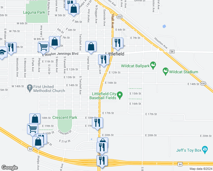 map of restaurants, bars, coffee shops, grocery stores, and more near 934 East 14th Street in Littlefield