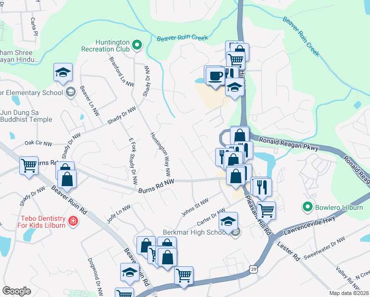 map of restaurants, bars, coffee shops, grocery stores, and more near 668 Burnt Creek Dr NW in Lilburn