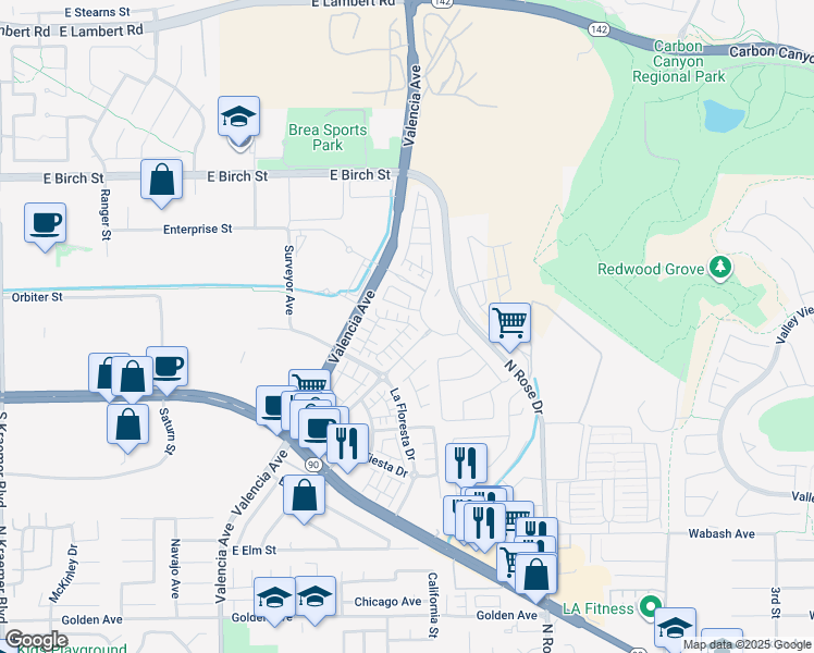 map of restaurants, bars, coffee shops, grocery stores, and more near 3480 Villa Drive in Brea