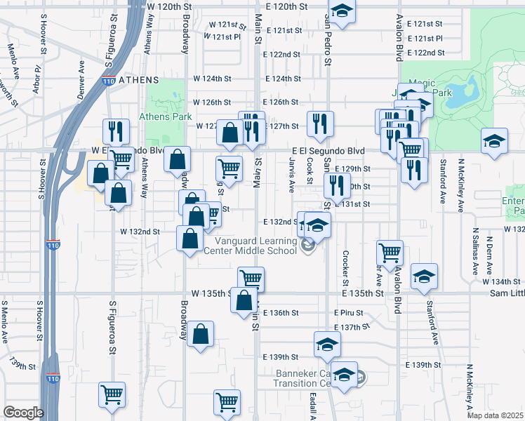map of restaurants, bars, coffee shops, grocery stores, and more near 13110 Main Street in Los Angeles
