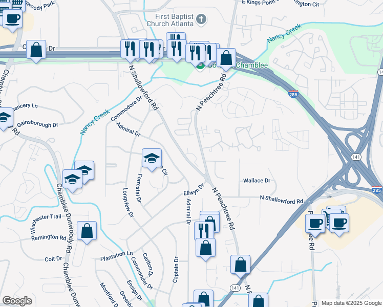 map of restaurants, bars, coffee shops, grocery stores, and more near 4123 North Gloucester Place in Atlanta