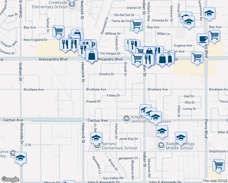 map of restaurants, bars, coffee shops, grocery stores, and more near 24225 Brodiaea Avenue in Moreno Valley