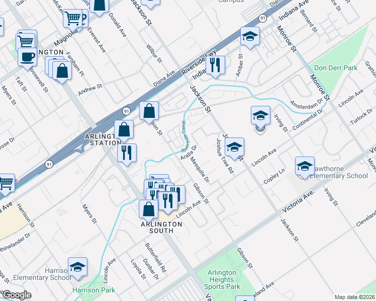 map of restaurants, bars, coffee shops, grocery stores, and more near 3070 Hoya Place in Riverside