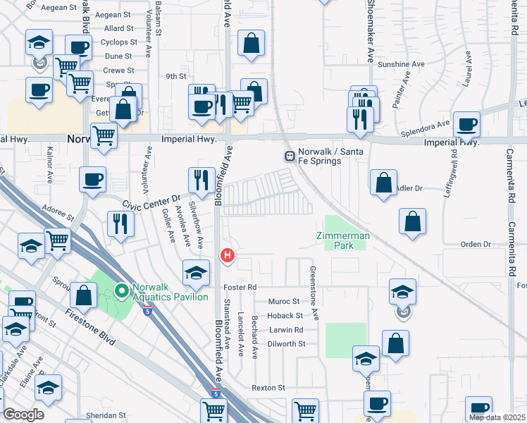 map of restaurants, bars, coffee shops, grocery stores, and more near 12919 Hickock Lane in Norwalk