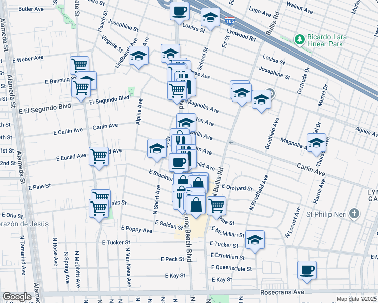 map of restaurants, bars, coffee shops, grocery stores, and more near 12500 Long Beach Boulevard in Lynwood
