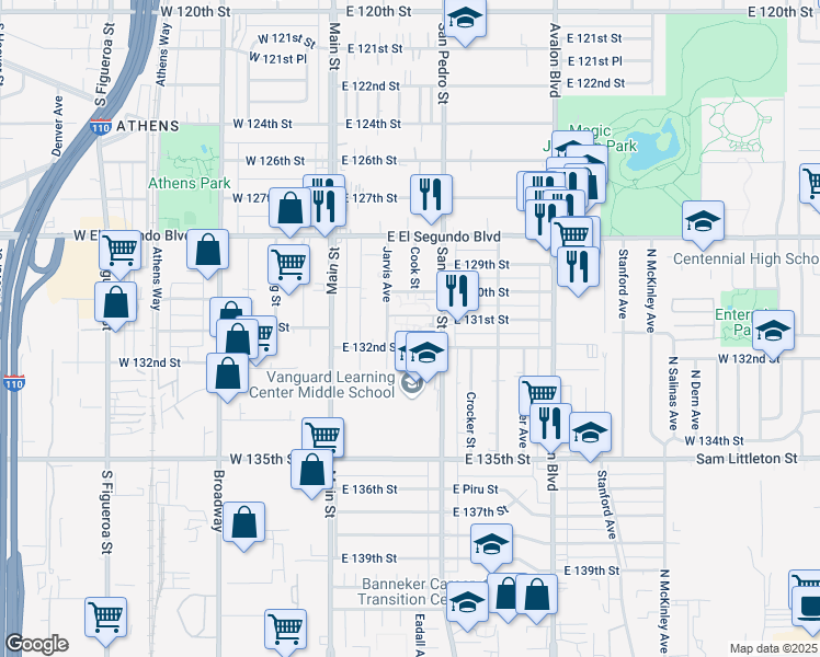 map of restaurants, bars, coffee shops, grocery stores, and more near 13111 San Pedro Street in Los Angeles
