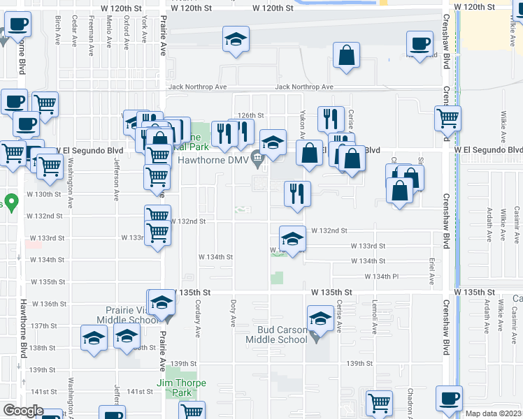 map of restaurants, bars, coffee shops, grocery stores, and more near in Hawthorne