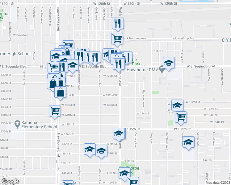 map of restaurants, bars, coffee shops, grocery stores, and more near 13108 Prairie Avenue in Hawthorne