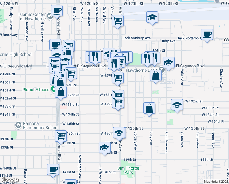 map of restaurants, bars, coffee shops, grocery stores, and more near 13108 Prairie Avenue in Hawthorne