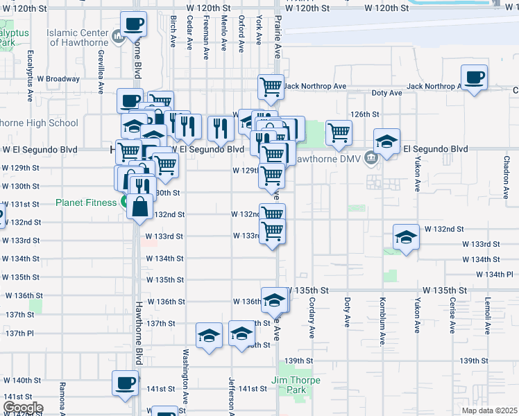 map of restaurants, bars, coffee shops, grocery stores, and more near 4061 West 132nd Street in Hawthorne