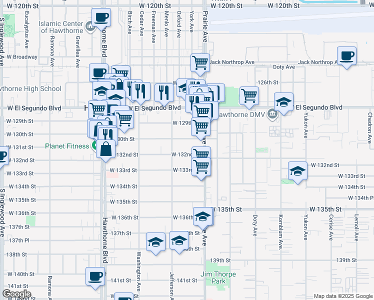 map of restaurants, bars, coffee shops, grocery stores, and more near 4061 West 132nd Street in Hawthorne