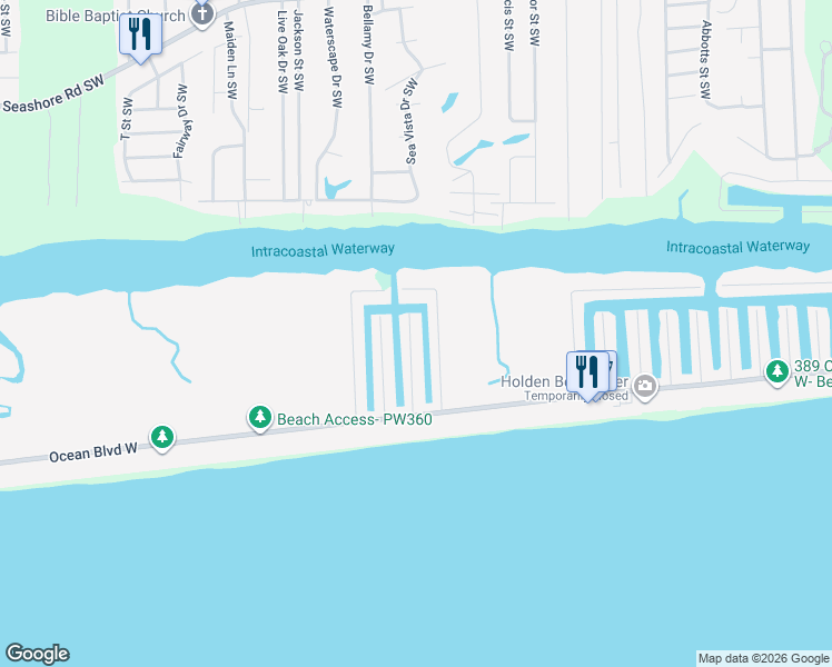 map of restaurants, bars, coffee shops, grocery stores, and more near 140 Lions Paw in Holden Beach
