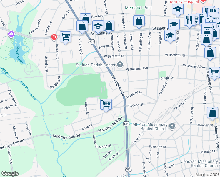 map of restaurants, bars, coffee shops, grocery stores, and more near 39 Birnie Circle in Sumter