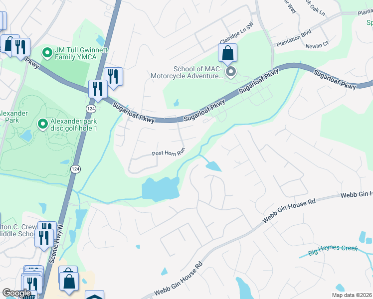 map of restaurants, bars, coffee shops, grocery stores, and more near 1061 Post Horn Run in Lawrenceville