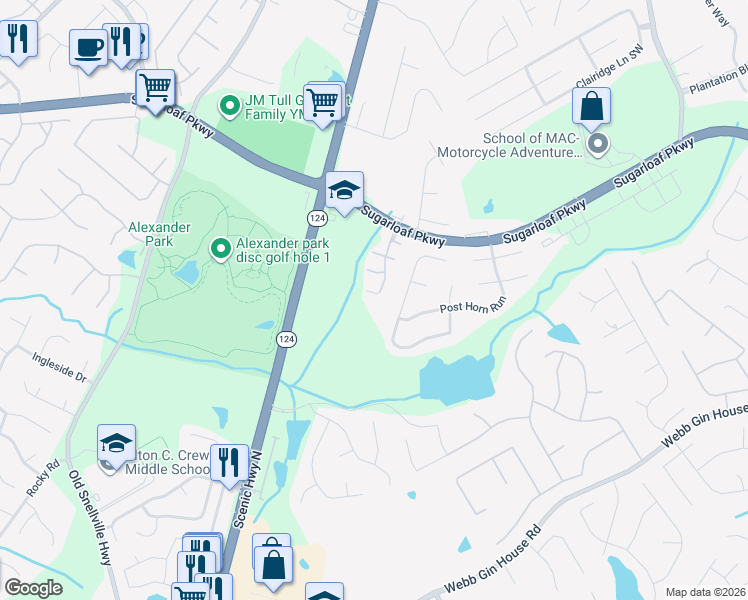map of restaurants, bars, coffee shops, grocery stores, and more near 1016 Pike Forest Drive in Lawrenceville