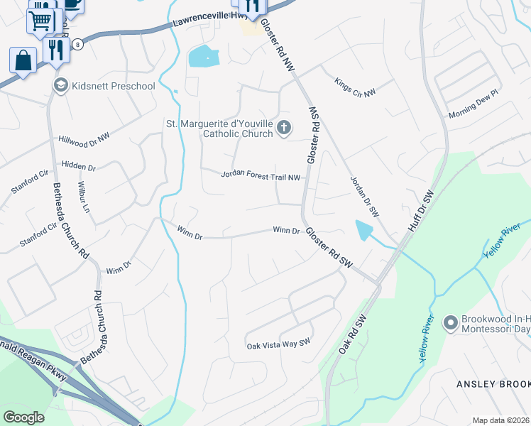 map of restaurants, bars, coffee shops, grocery stores, and more near 2854 Jordan Woods Drive Northwest in Lawrenceville