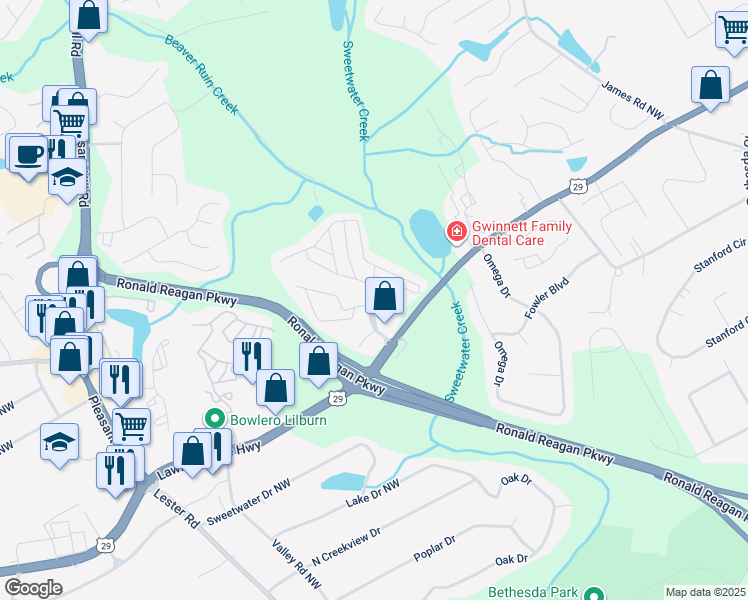 map of restaurants, bars, coffee shops, grocery stores, and more near 17 East Meadowlark Lane in Lawrenceville