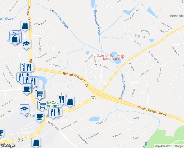 map of restaurants, bars, coffee shops, grocery stores, and more near 50 West Meadowlark Lane in Lawrenceville