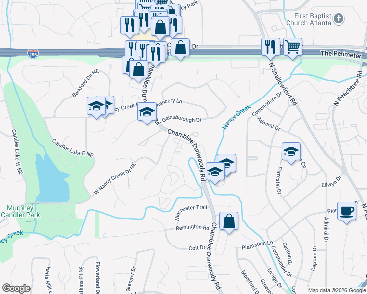 map of restaurants, bars, coffee shops, grocery stores, and more near 4173 Mansion Way in Atlanta