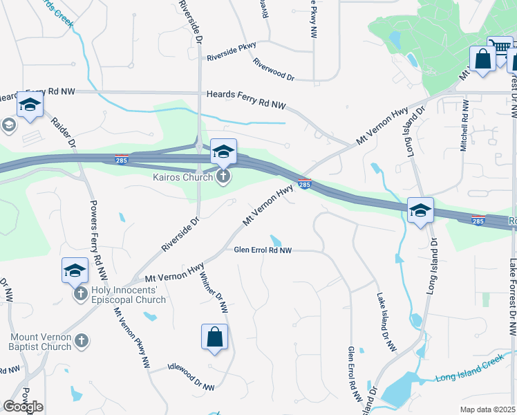 map of restaurants, bars, coffee shops, grocery stores, and more near 485 Mount Vernon Highway in Atlanta