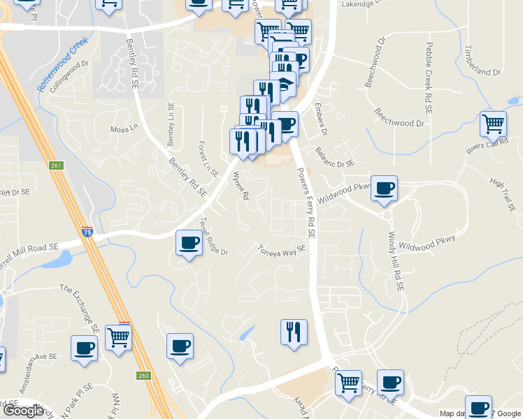 map of restaurants, bars, coffee shops, grocery stores, and more near 1303 Wynnes Ridge Circle in Marietta