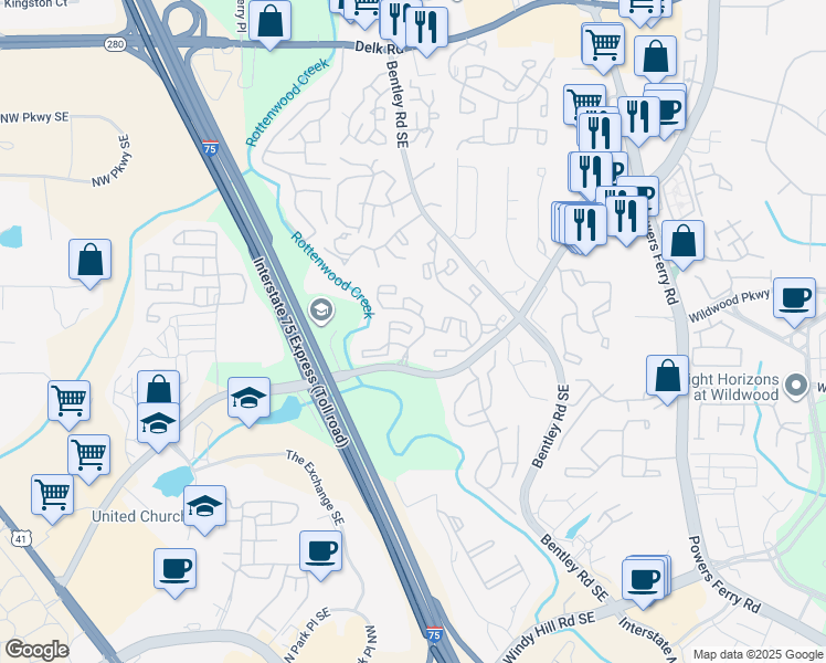 map of restaurants, bars, coffee shops, grocery stores, and more near 1619 Bridge Mill Drive in Marietta