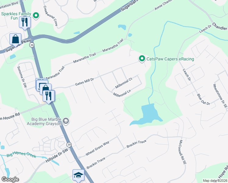 map of restaurants, bars, coffee shops, grocery stores, and more near 1464 Millennial Lane in Lawrenceville