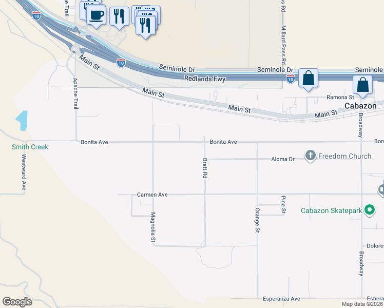 map of restaurants, bars, coffee shops, grocery stores, and more near 49521 Bonita Avenue in Cabazon