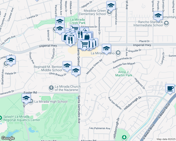 map of restaurants, bars, coffee shops, grocery stores, and more near 15856 Lawnhill Drive in La Mirada