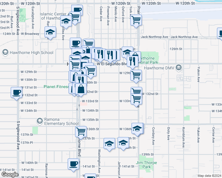 map of restaurants, bars, coffee shops, grocery stores, and more near 4151 West 132nd Street in Hawthorne