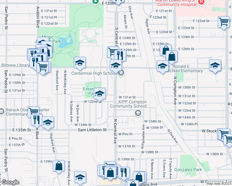 map of restaurants, bars, coffee shops, grocery stores, and more near 2606 Central Avenue in Compton